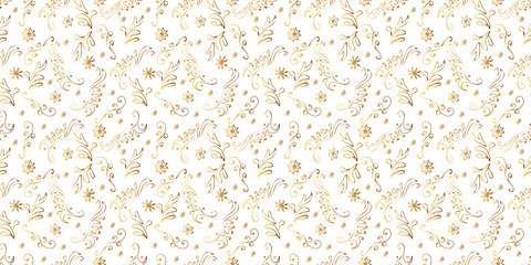 Golden curls and snowflakes. Hand-drawn seamless winter pattern. Vector illustration for wrapping paper, greeting cards and invitations. 