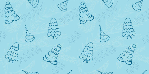 Winter seamless pattern with abstract images of the contours of fir trees on the background of silhouettes of fir branches. Hand drawn Vector illustration for wrapping paper, backgrounds, wallpaper, c