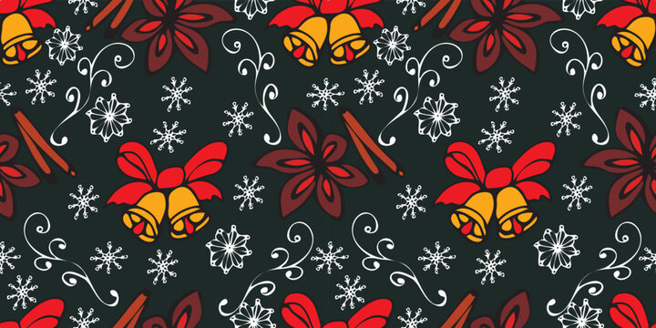 Сhristmas bells, cinnamon, anise and snowflakes on a green background. Hand-drawn seamless pattern. Colorful vector illustration for wrapping paper, covers and fabrics. 