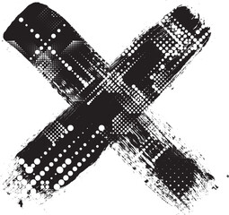 Glitch distorted geometric shape . Minimal art design . Noise destroyed cross logo . Trendy defect error shapes . Glitched x .Broken effect . Distress element . Grunge texture .vector
