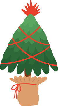 Flat Style Christamas Tree In Handmade Pot Vector Illustration. Christmas Greeting Card With Decorated Tree