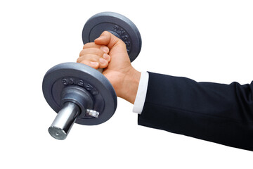 Gesture series: manager symbolically training with a dumbbell.