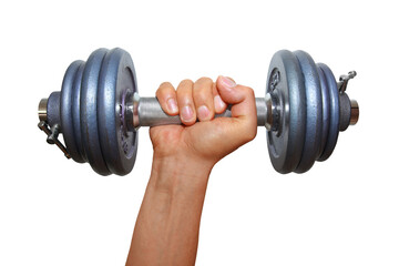 Gesture series: sportsman training with a dumbbell, 