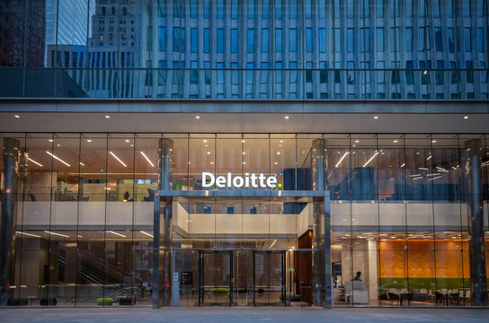 TORONTO, CANADA - MAY  26 , 2019 : The main entrance of the Deloitte  skyscraper building thr Financial District of Downtown Toronto