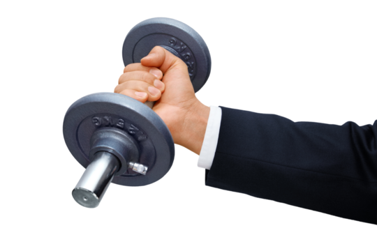 Gesture series: manager symbolically training with a dumbbell.
