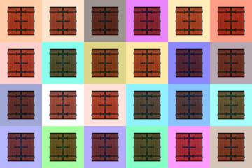 Pattern of double wooden multicolored doors isolated on multicolored background.