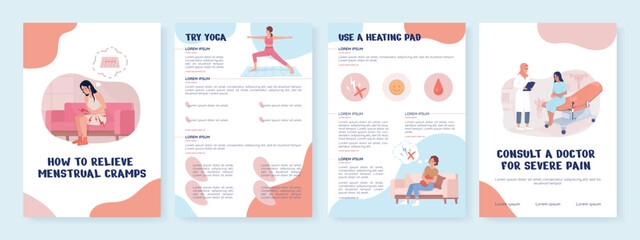 Menstrual pain flat vector brochure template. Health booklet, leaflet printable flat color designs. Editable magazine page, reports kit with text space. Nerko One, Quicksand, Comfortaa fonts used