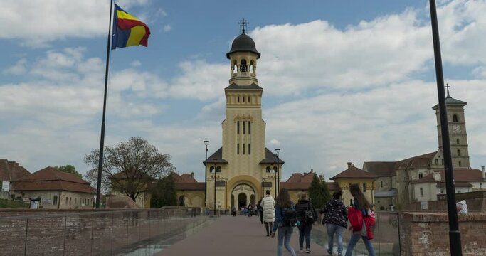 Hyperlapse walking toward The Coronation Orthodox Cathedral and Roman Catholic cathedral, Fortress Of Alba Iulia, Transylvania, Romania.