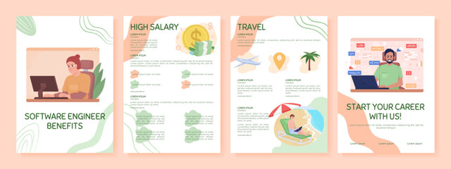 Software engineer benefits flat vector brochure template. Booklet, leaflet printable flat color designs. Editable magazine page, reports kit with text space. Sniglet, Comfortaa fonts used