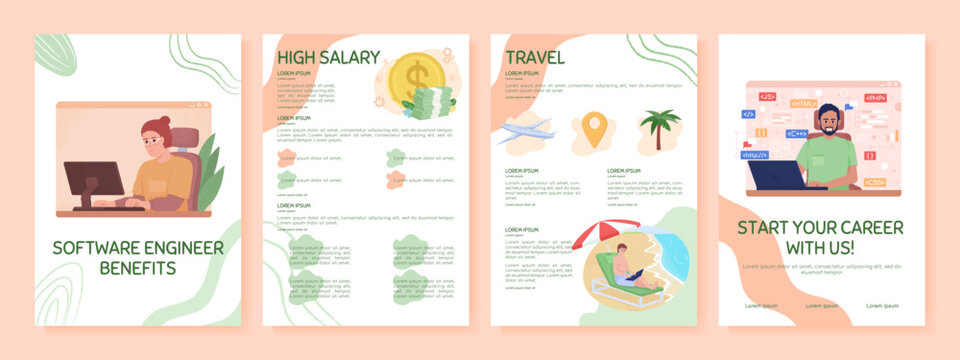 Software engineer benefits flat vector brochure template. Booklet, leaflet printable flat color designs. Editable magazine page, reports kit with text space. Sniglet, Comfortaa fonts used