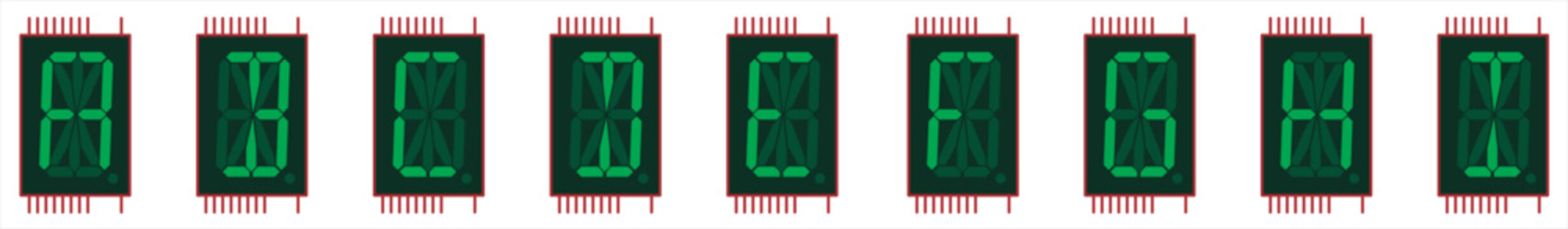 Vector image of a single-digit sixteen-segment
liquid crystal indicator chip in green color.
Displaying capital letters of the english alphabet from A to I on the indicator screen.