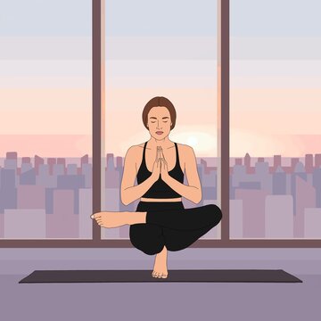 Half Lotus Toe Balance Pose / Padangustha Padma Utkatasan. Meditating woman portait early morning on new york city sunrise, morning workout, mindfulness meditation, relax, zen, yoga pose illustration