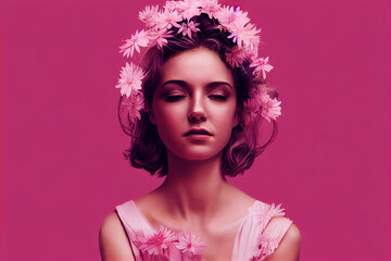 pink flowers on beautiful woman head on pink background