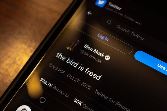 Vancouver, CANADA - Oct 29 2022 : Closeup a tweet “the bird is freed” by Elon Musk (@elonmusk) on Twitter website on an iPhone. Elon Musk Twitter takeover concept image