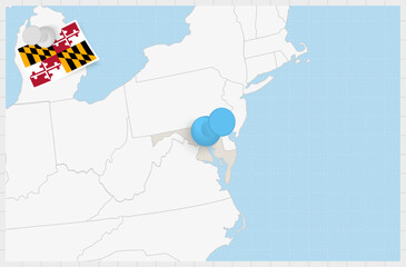 Map of Maryland with a pinned blue pin. Pinned flag of Maryland.