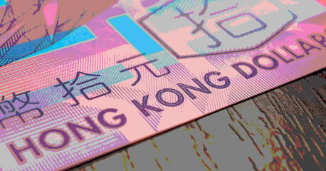 Fragment of a banknote of 10 ten Hong Kong dollars. Picture with pasteurization. Horizontal stories...