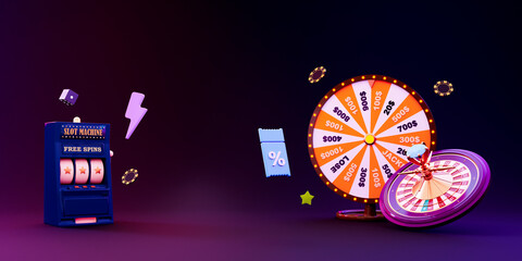 Online casino. 3D realistic roulette wheel and slot machine on neon background. 777 Big win concept banner casino. Gambling concept design. 3d rendering illustration..