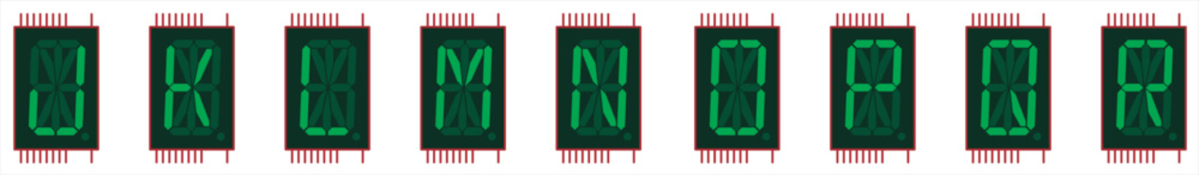 Vector image of a single-digit sixteen-segment
liquid crystal indicator chip in green color.
Displaying capital letters of the english alphabet from J to R on
the indicator screen.