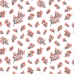 Holly berry vector seamless pattern. Winter nothern plants with red berries pattern on white background