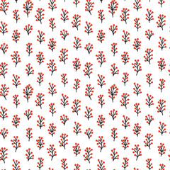 Holly berry vector seamless pattern. Winter nothern plants with red berries pattern on white background