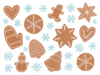 Vector ginger cookie Christmas set. Flat style Christmas cookie in different shape with white icing set,