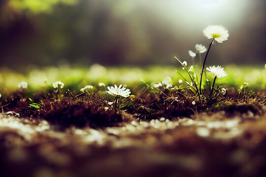 Small White Flowers On The Ground From A Low Angle