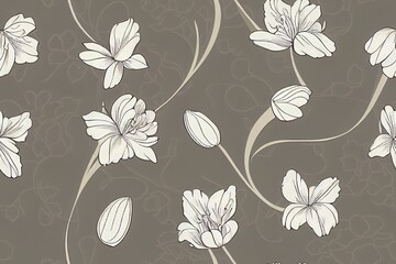 Blooming flowers, tulip, leaves, butterflies, floral 2d illustrated seamless pattern on grey background. Vintage beautiful romantic flower illustration wallpaper.