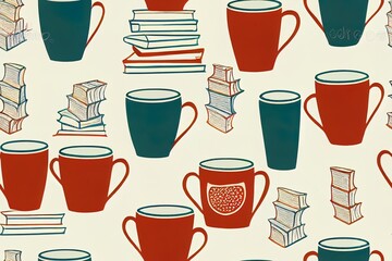 Obraz premium Seamless pattern background with books, glasses and mugs. Reading themed hand drawn 2d illustrated illustration.