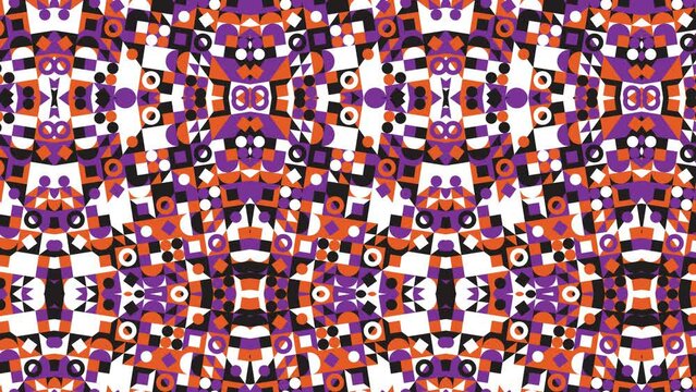 Multicolor geometric shapes in dynamic retro pattern background. Simple motion graphic seamless loop animation in vintage Bauhaus style