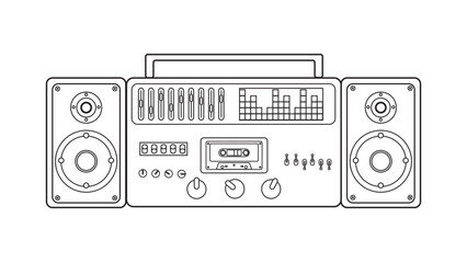 Old retro vintage music cassette tape recorder with magnetic tape on reels from the 70s, 80s, 90s. Black and white icon. Vector illustration
