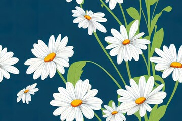 Seamless of daisy flower, cartoon bees and green leaf on a blue background 2d illustrated illustration. Cute hand drawn floral pattern.