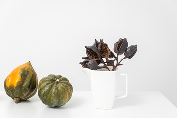 Natural small pumpkins are on a white table, Halloween decorations.