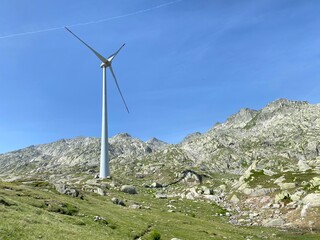Gotthard wind farm or Windpark St. Gotthard in the alpine mountainous area of the Gotthard Pass (Gotthardpass), Airolo - Canton of Ticino (Tessin), Switzerland (Schweiz)