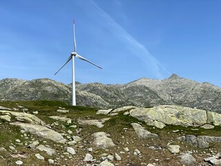Fototapeta na wymiar Gotthard wind farm or Windpark St. Gotthard in the alpine mountainous area of the Gotthard Pass (Gotthardpass), Airolo - Canton of Ticino (Tessin), Switzerland (Schweiz)