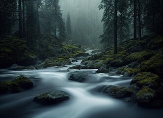 Norwegian mountain forest with stream, illustration with long exposure, running water