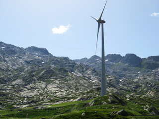 Gotthard wind farm or Windpark St. Gotthard in the alpine mountainous area of the Gotthard Pass (Gotthardpass), Airolo - Canton of Ticino (Tessin), Switzerland (Schweiz)