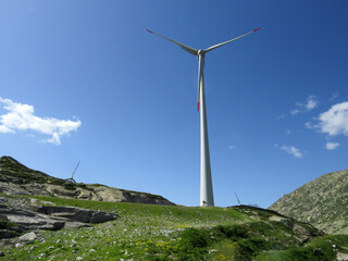 Gotthard wind farm or Windpark St. Gotthard in the alpine mountainous area of the Gotthard Pass (Gotthardpass), Airolo - Canton of Ticino (Tessin), Switzerland (Schweiz)