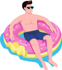 Man relaxing in donut air mattress semi flat color raster character. Sitting figure. Full body person on white. Water activity simple cartoon style illustration for web graphic design and animation