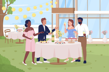 Fancy outdoor reception flat color raster illustration. Wedding day celebration. Birthday party. Informal conversation. 2D simple cartoon guests partying outdoor with decorations on background