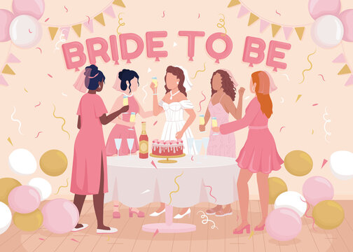 Bachelorette party flat color raster illustration. Bride to be. Bridesmaid greeting fiancee. 2D simple cartoon happy ladies celebrating with decorated room on background. Fredoka One font used