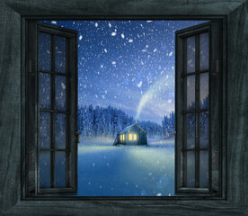 Christmas window scene with house and snowfall vector graphic