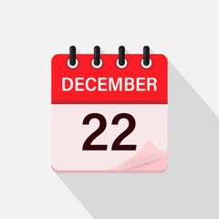 December 22, Calendar icon with shadow. Day, month. Flat vector illustration.