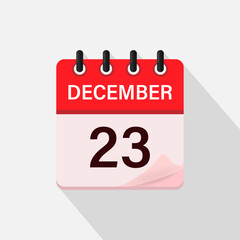 December 23, Calendar icon with shadow. Day, month. Flat vector illustration.