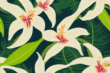 Exotic tropical banana, fern leaves, vivid hibiscus, plumeria flowers seamless pattern on the white background. Jungle 2d illustrated floral wallpaper.