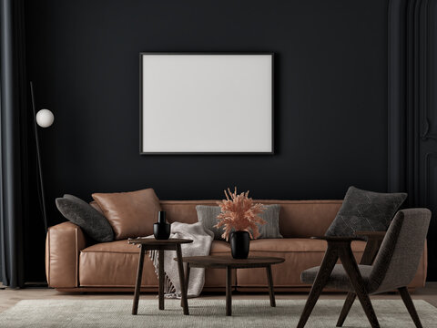 Dark interior space background, living room with mock up poster, 3d illustration.