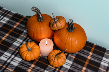 halloween pumpkins and candle on blanket