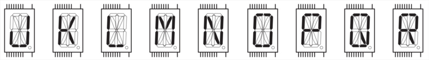 Obraz premium Vector image of a single-digit sixteen-segment liquid crystal indicator chip in black and white color. Displaying capital letters of the english alphabet from J to R on the indicator screen.