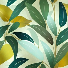 Tropical leaves in gold, green, gray colors. Seamless pattern, luxury mural, premium 3d wallpaper. Vintage illustration, hand drawn beautiful texture, background. Digital paper, cloth, fabric printing