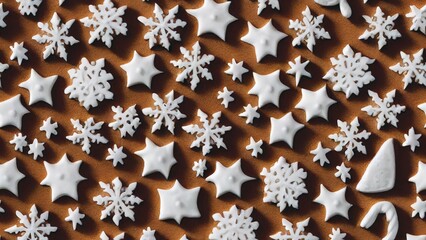 Christmas gingerbread star or snowflake shaped seamless pattern.Xmas cookie. Ginger cookie pattern on a white background. Stock digital painting flat 3d illustration. Cakes topped with white icing