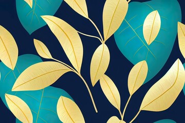 Luxury gold and nature blue background 2d illustrated. Floral pattern, Golden split leaf Philodendron plant with monstera plant line arts, 2d illustrated illustration.